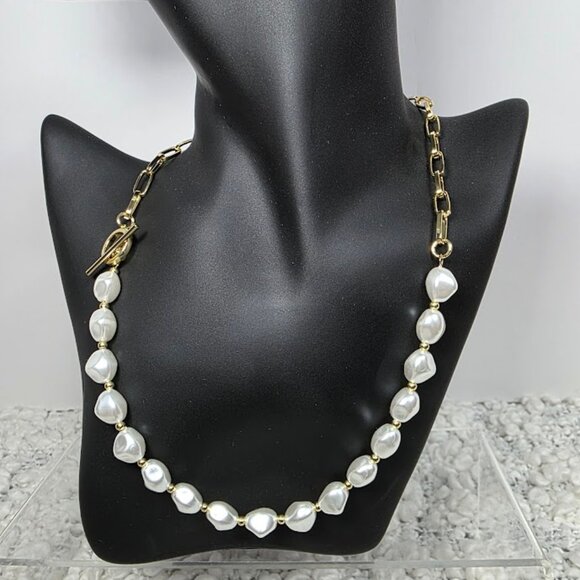 Adornia Tarnish Resistant 14k Gold Pl. Pearl & Paper Clip Chain Toggle Necklace - Picture 1 of 5